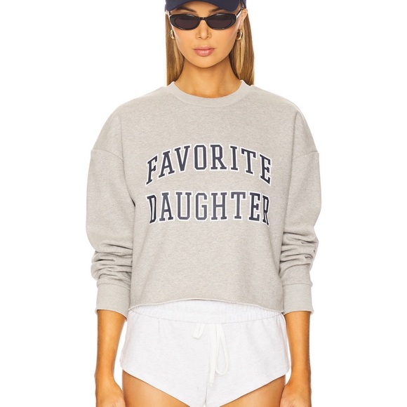 Favorite Daughter Tops - Favorite Daughter Light Gray Cropped Sweatshirt with Navy Logo Size Small